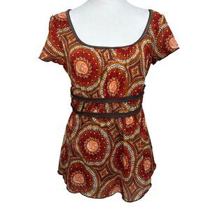 AB Studio Babydoll Top Womens Sz M Brown Orange Y2K Mesh Medallion Retro Boho